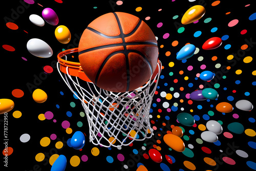 basketball background with ball, A basketball caught mid-air amidst a vivid and dramatic explosion of multicolored paint, denoting energy and action  © Boris