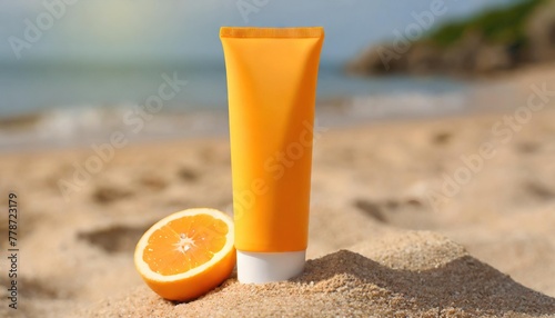  summer sunscreen cream standing on sand on beach background