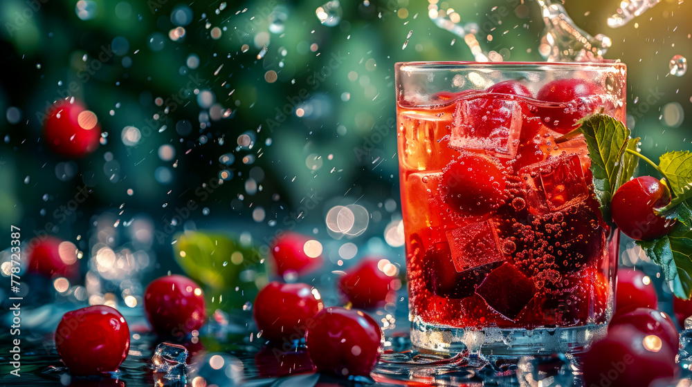 Large glass filled with cold cherry juice with ice cubes, decorated with green leaves of fresh mint and whole red cherry stands on table. Blurred background with bokeh. Epic style, splashes of water. Large glass filled with cold cherry juice with ice cubes, decorated with green leaves of fresh mint and whole red cherry stands on table. Blurred background with bokeh. Epic style, splashes of water.