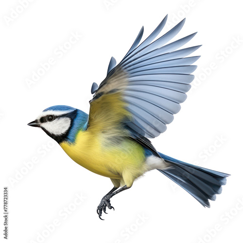 fly Blue Tit Cyanistes caeruleus Titmouse isolated in PNG photo