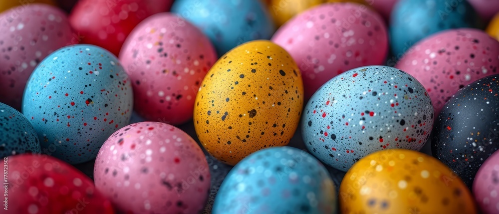 a pile of colorful speckled eggs sitting next to each other on top of a pile of other colored eggs. a pile of colorful speckled eggs sitting next to each other on top of a pile of other colored eggs.