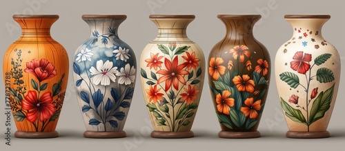 A row of five vases with floral artwork displayed on them, showcasing a beautiful blend of art and nature. Each pottery artifact serves as a creative canvas for the vibrant flowers photo
