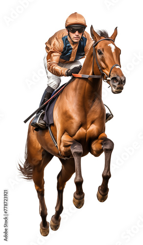 Horse jockey jumping with his horse on isolated background