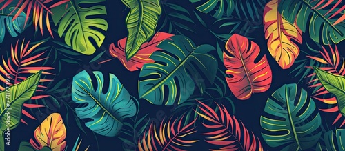 A pattern of colorful tropical leaves on a dark background creating a seamless design. The vibrant plant imagery brings an electric blue touch to the artwork