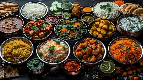 A diverse arrangement of vibrant and delicious Indian dishes displayed on a dark wooden table, perfect for culinary themes and food diversity. 