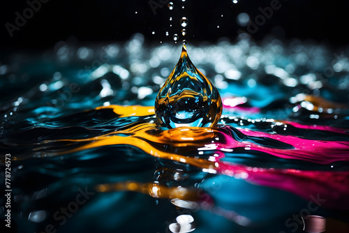Absteact image of water drop on the surface of water and colors photo