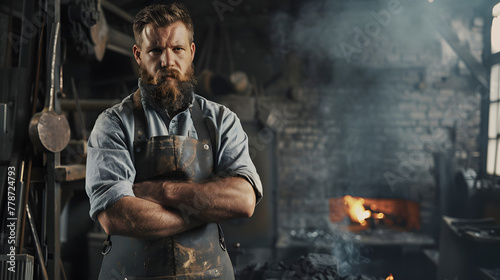 A male blacksmith with a beard and a leather apron stands against a forge background