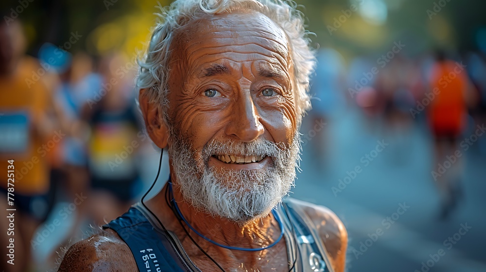 Elderly male runner smiling at the camera with marathon participants in the background, depicting health and vitality in senior years. 