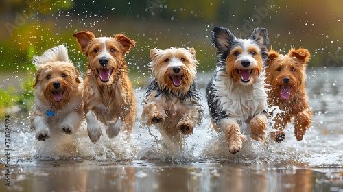A group of playful dogs splashing through water with joyful expressions.