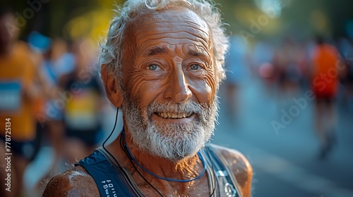 Elderly male runner smiling at the camera with marathon participants in the background  depicting health and vitality in senior years. 