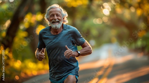 Senior man with a joyful expression jogging in a sunlit park during the golden hour 