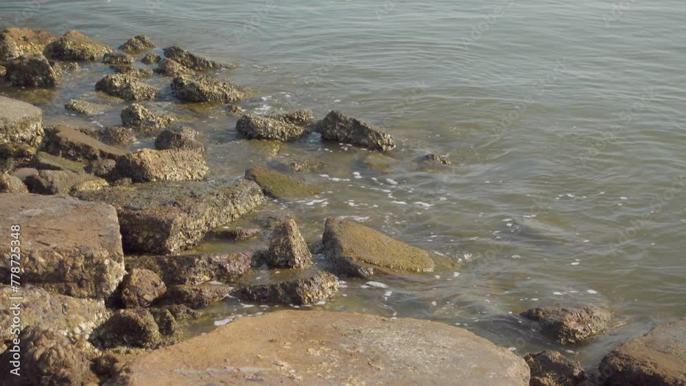 Rugged Boulders Along Shoreline Meeting Calm Water at a Serene Lake, Depicting Quiet Moments by the Water
