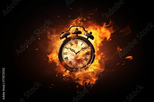Abstract Clock on Fire Isolated on Black Background. Generative AI