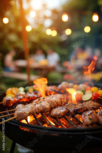 meat and vegetables on the grill in nature close-up
