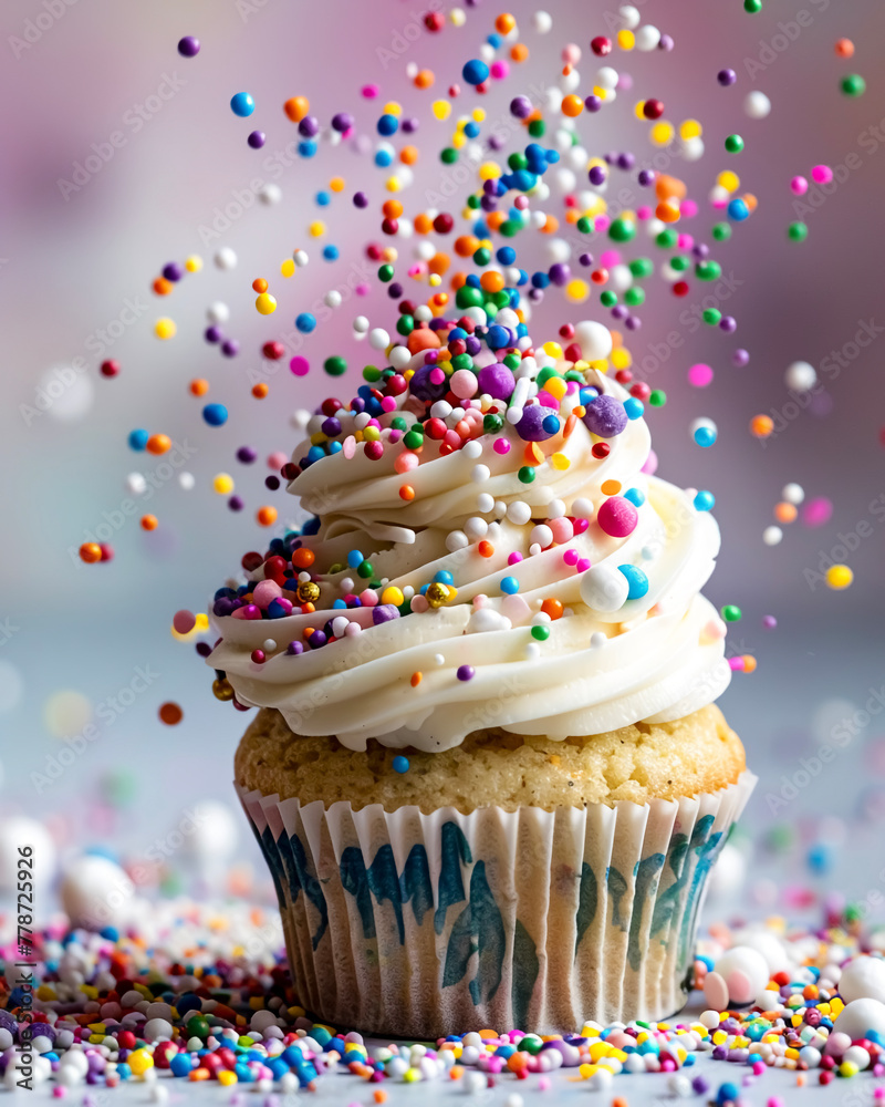 A burst of colorful sprinkles falling from a cupcake with a single sprinkle in sharp focus A burst of colorful sprinkles falling from a cupcake with a single sprinkle in sharp focus