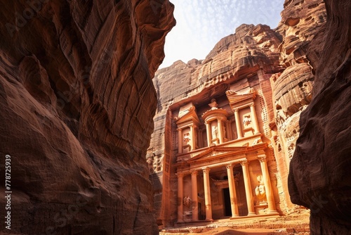 A stunning perspective of the ancient city of Petra carved into rose-colored rock . Ai generated
