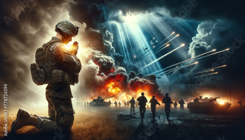 Soldier gazing at dramatic war scene - Amidst a smoky battlefield, a soldier in full gear stands contemplating a scene of warfare, with explosions, advancing troops, and beams of light piercing throug © Mickey