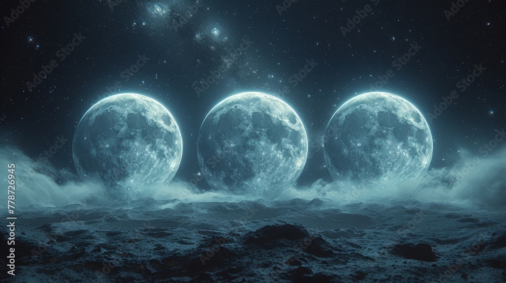 a group of three moon like objects sitting on top of a moon covered surface in the middle of a night sky.