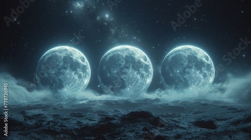 a group of three moon like objects sitting on top of a moon covered surface in the middle of a night sky. photo