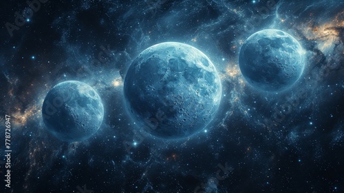 a group of three blue planets sitting in the middle of a space filled with stars and a cluster of stars.