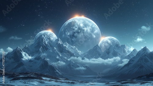 a group of mountains covered in snow under a sky filled with stars and a bright light at the top of the mountain.