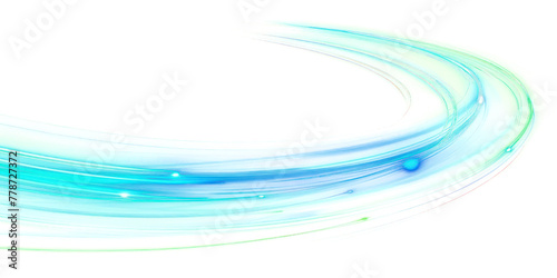 Abstract glowing light effect, curved lines in blue and green colors isolated on transparent png.
