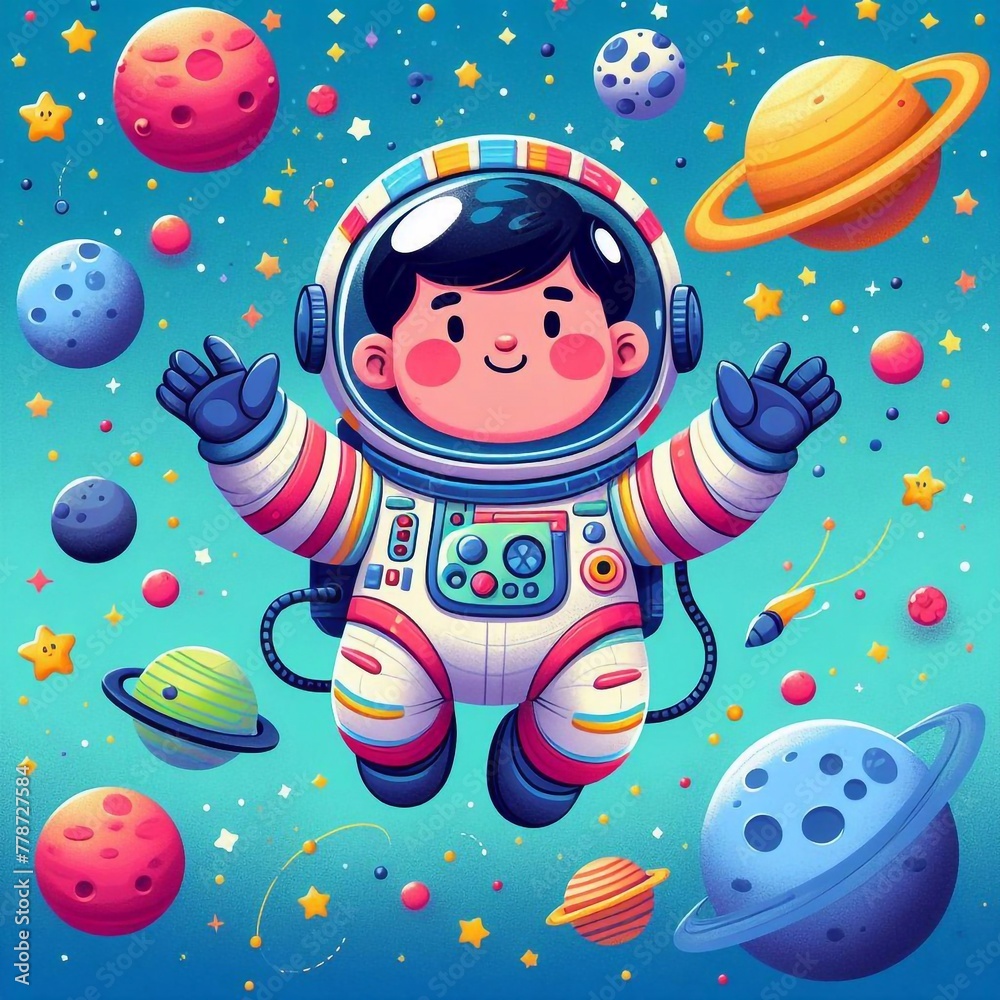 Fototapeta premium Cartoon Astronaut flies in space