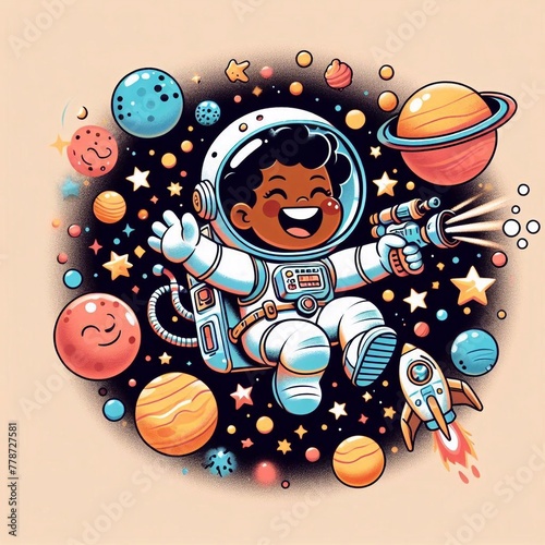 Cartoon Astronaut flies in space