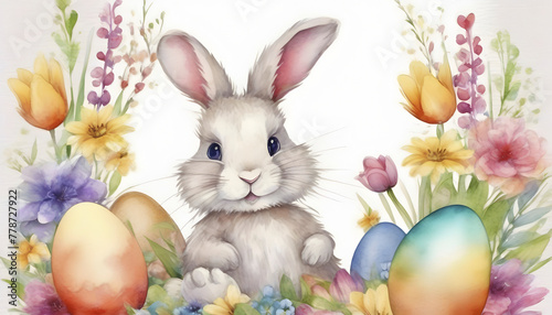 Watercolor painting of a cute easter bunny with eggs.