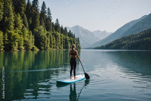 A woman,  Stand Up Paddleboarding (SUP)  in calm waters in Lake. © ThomasLENNE