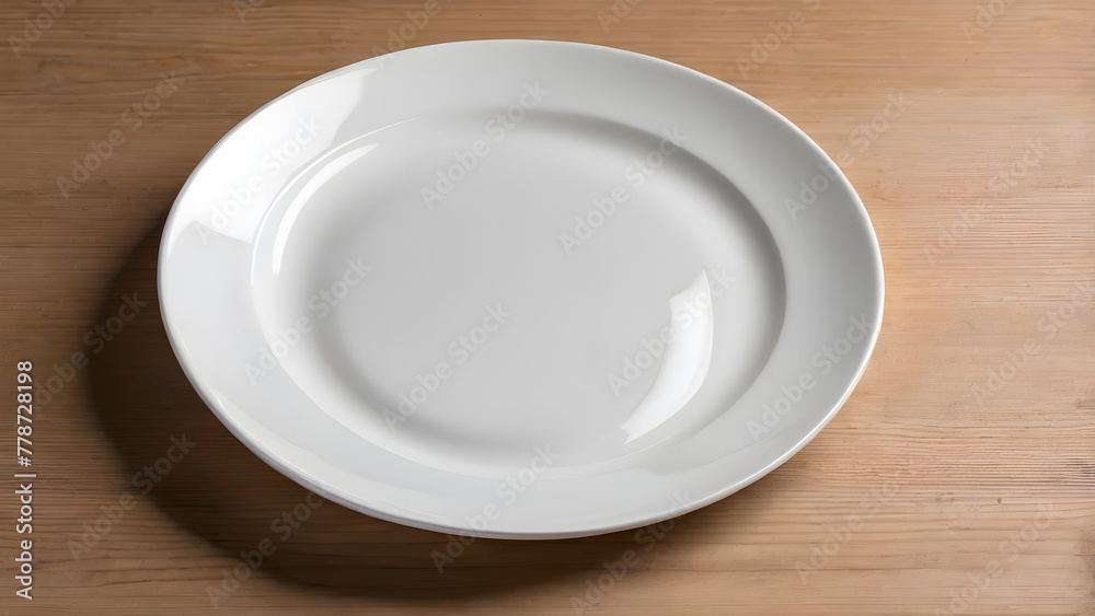 empty white ceramic plate. empty plate on wooden table empty white ceramic plate. empty plate on wooden table