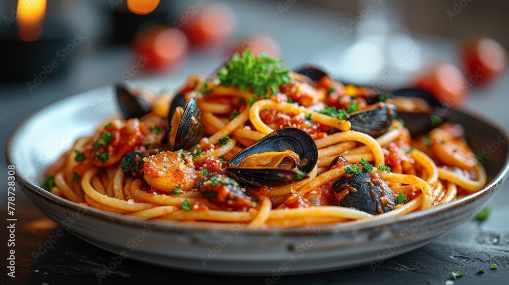 a close up of a plate of pasta with mussels and sauce on a table with a glass of wine in the background.