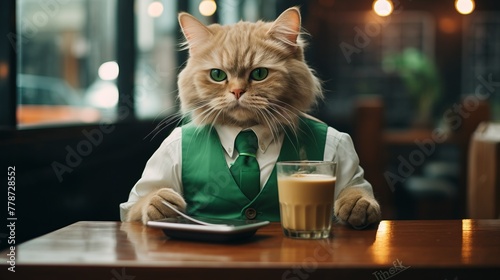 A cat is wearing a green vest and a cup of drink Cat in green vest at coffee shop Animal fashion concept