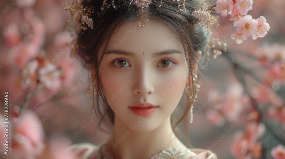 a close up of a person with a flower in her hair and a tree with pink flowers in the background. a close up of a person with a flower in her hair and a tree with pink flowers in the background.