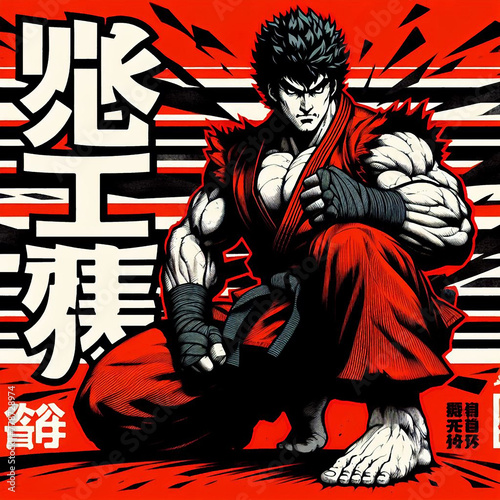 Fighter in anime style in red and black colors 