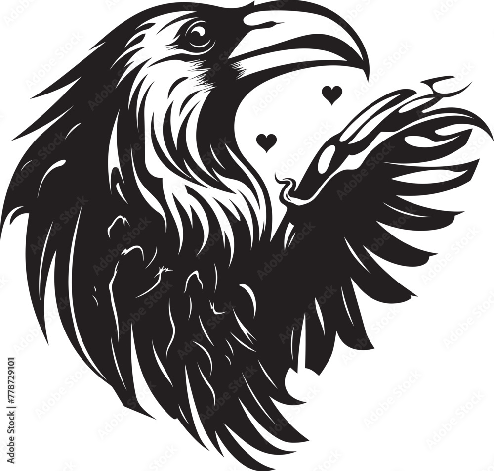 Fototapeta premium Guardian of Souls Heart Symbol with Perched Bird Emblem Ravens Solace Iconic Raven Perched Vector Logo