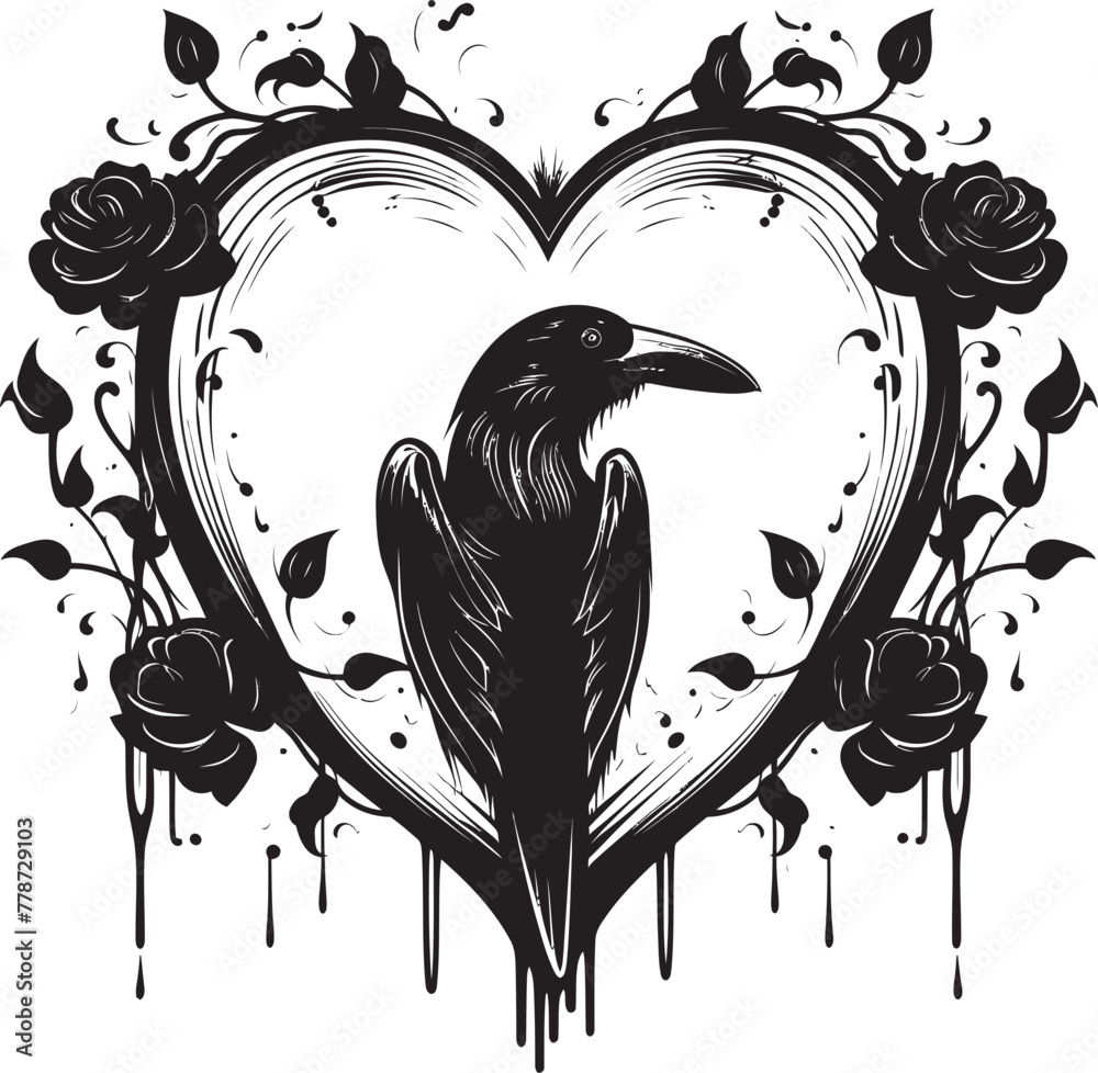 Fototapeta premium Ravens Rest Heart Vector Logo Design with Perched Bird Raven Heartbeat Iconic Perched Bird Emblem