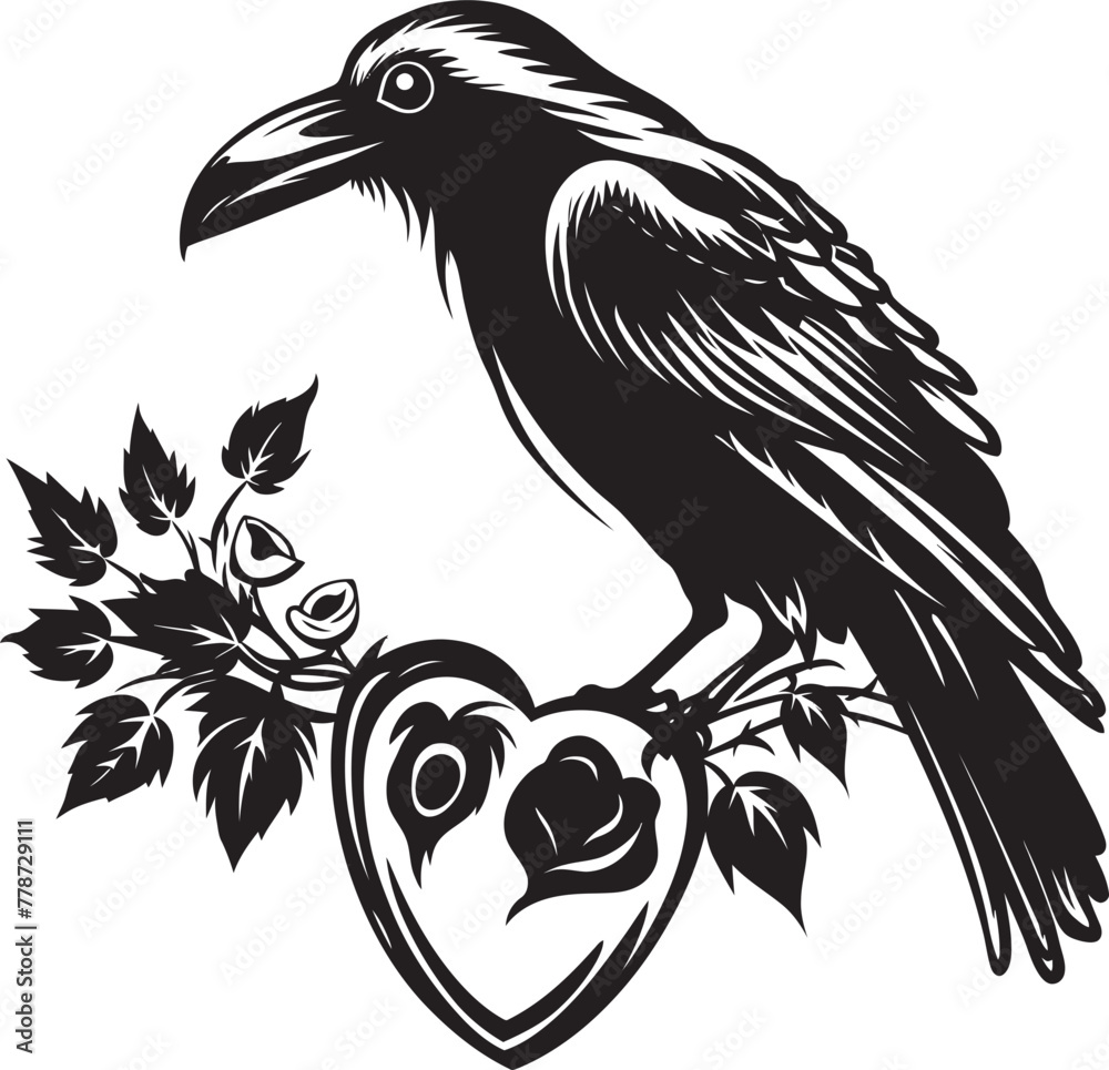 Fototapeta premium Hearts Companion Heart Symbol with Perched Bird Design Wings of Love Raven Perched Vector Logo Design