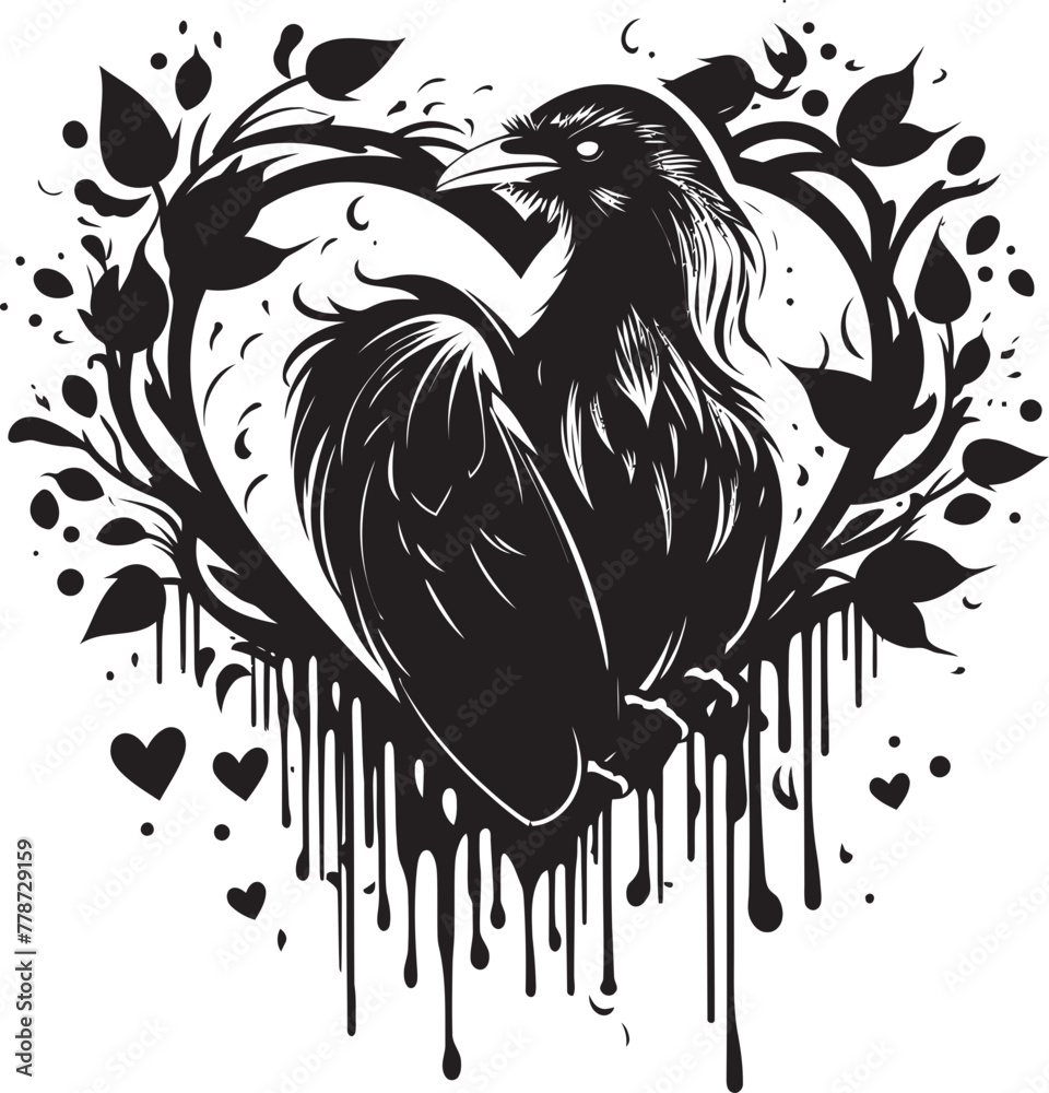 Naklejka premium Ravens Embrace Heart Symbol with Perched Bird Design Devotions Guardian Raven Perched Vector Logo Design