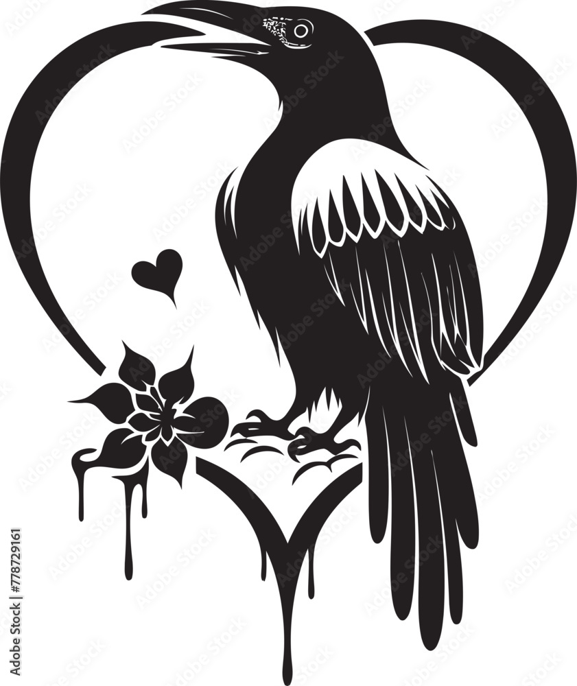 Naklejka premium Loves Watcher Iconic Raven Perched Vector Logo Ravens Embrace Heart Symbol with Perched Bird Design
