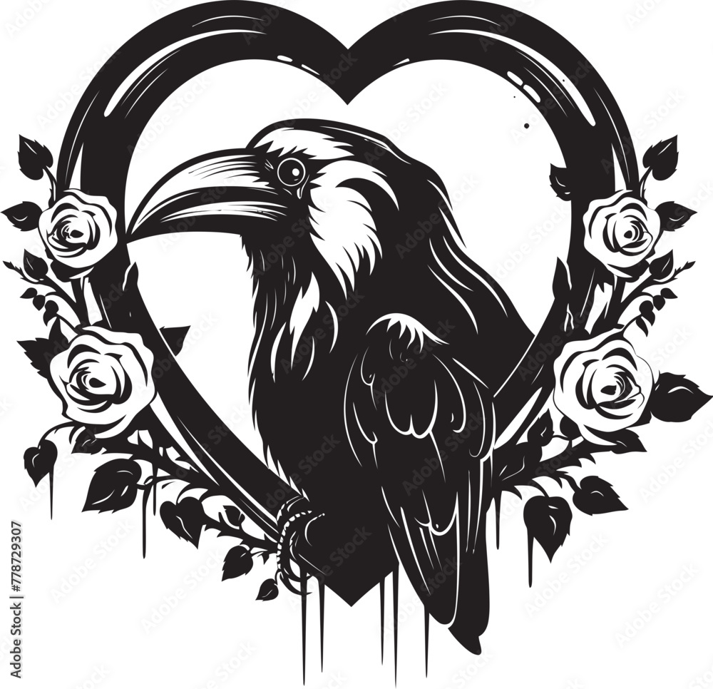 Fototapeta premium Loves Watcher Heart Symbol with Perched Bird Vector Logo Ravens Solace Iconic Raven Perched Emblem