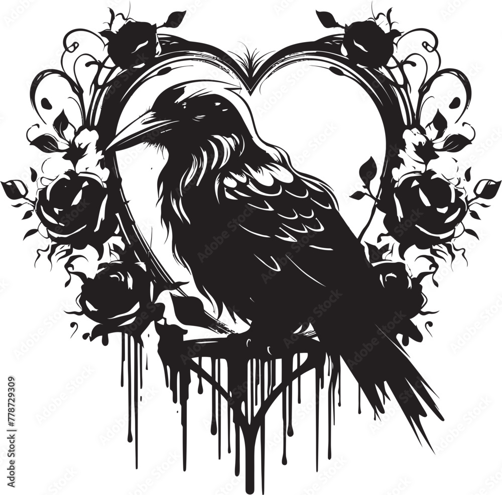 Naklejka premium Hearts Sentinel Iconic Raven Symbol with Heart Eternal Devotion Raven Perched on Heart Emblem