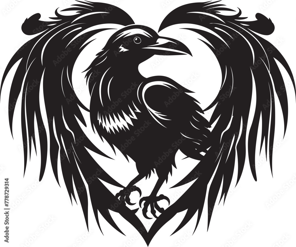 Fototapeta premium Devotions Guardian Heart Symbol with Perched Bird Emblem Wings of Affection Iconic Raven Perched Vector Logo