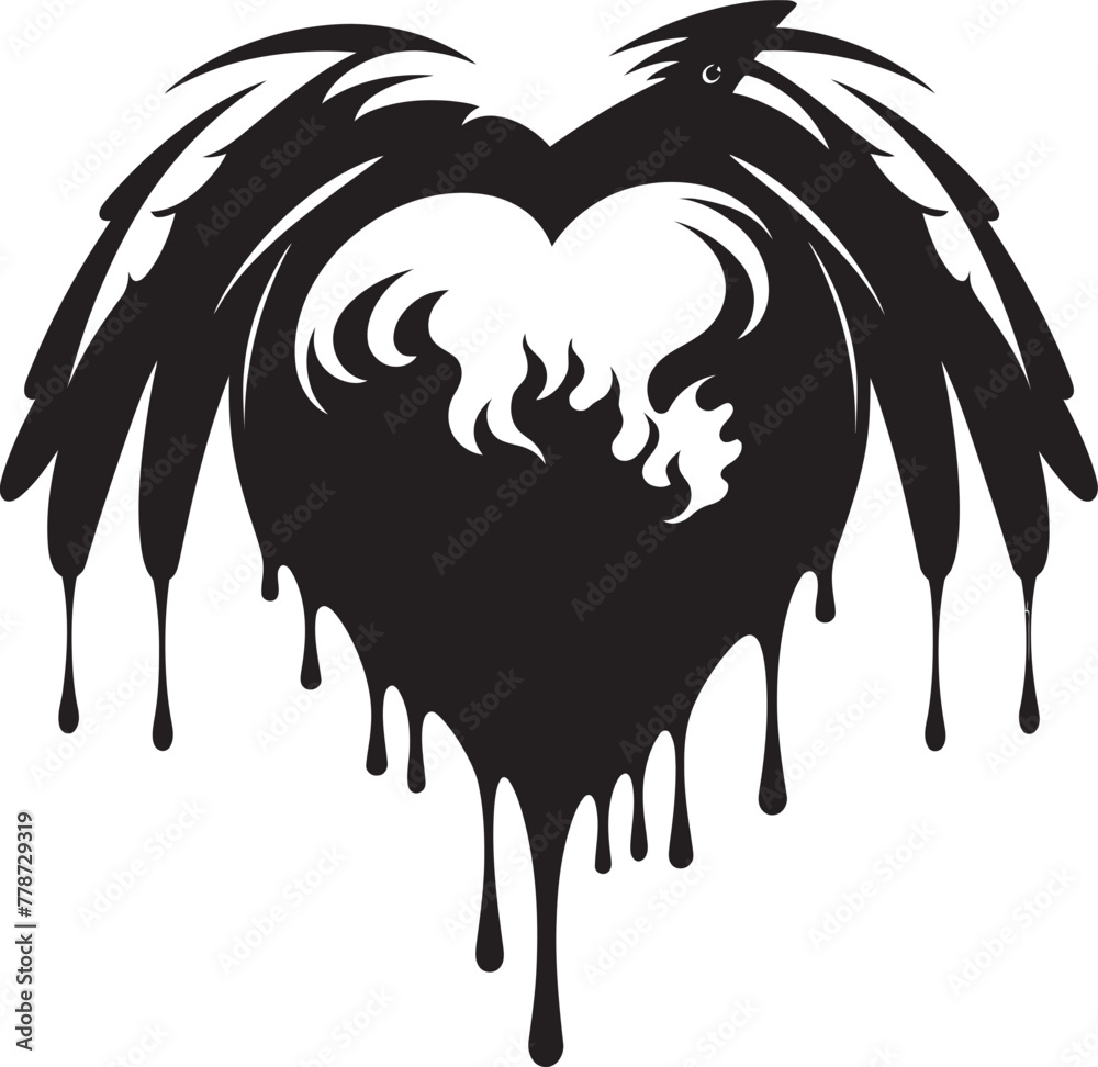 Naklejka premium Ravens Solace Iconic Raven Perched Emblem Sentinel of Emotions Heart Symbol with Perched Bird Icon