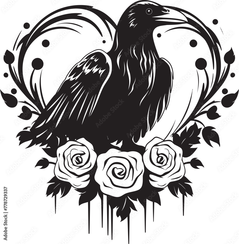 Fototapeta premium Raven Affection Heart Vector Logo with Perched Bird Icon Heartfelt Raven Iconic Vector Logo Design