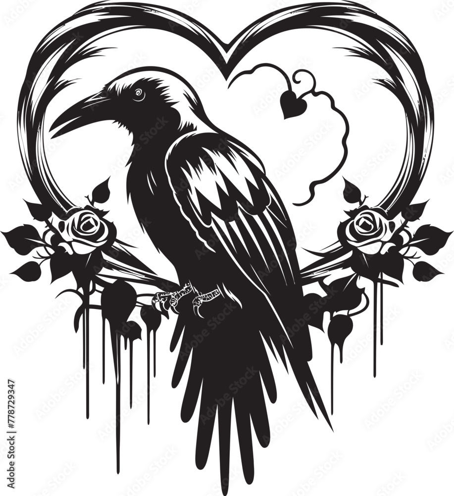 Naklejka premium Sentinel of Emotions Raven Perched Vector Logo Design Heartfelt Connection Iconic Raven Symbol with Heart