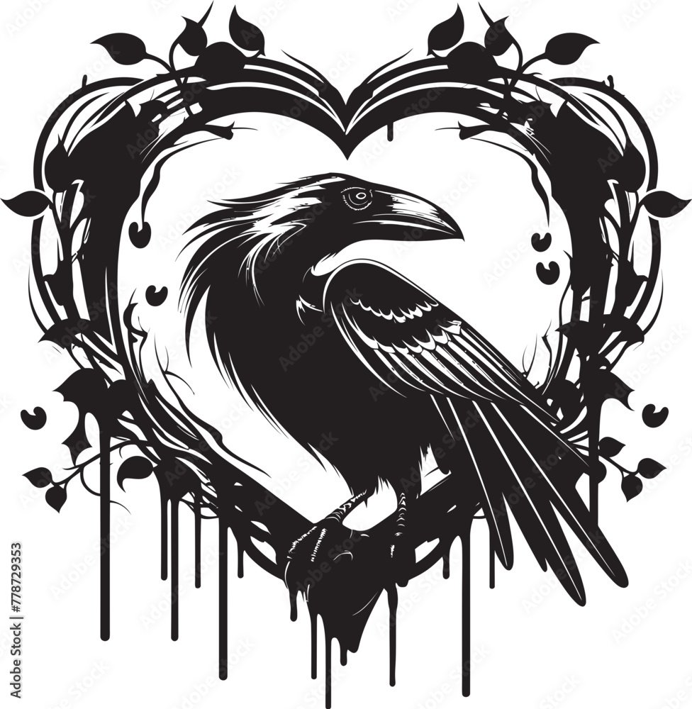 Fototapeta premium Loves Watcher Heart Symbol with Perched Bird Design Ravens Embrace Iconic Raven Perched Emblem