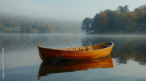 The soft light of dawn illuminates a gentle wooden boat as it drifts across the tranquil lake