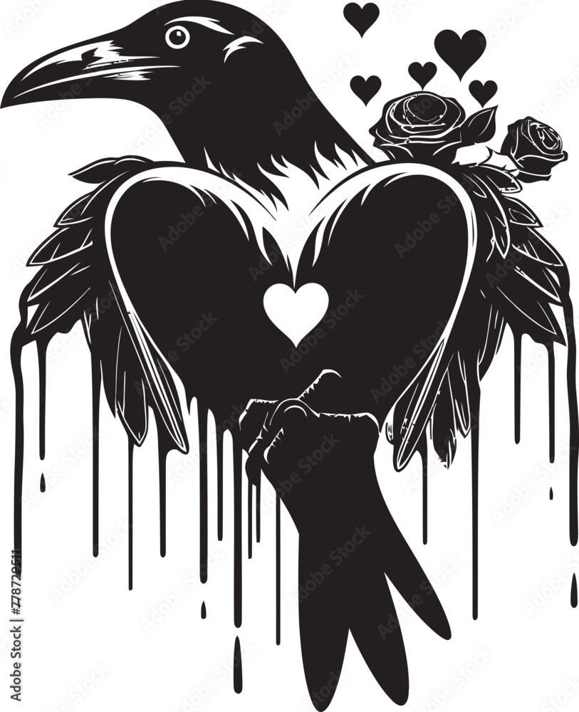 Fototapeta premium Loves Watcher Iconic Raven Perched Emblem Ravens Affection Heart Symbol with Perched Bird Icon