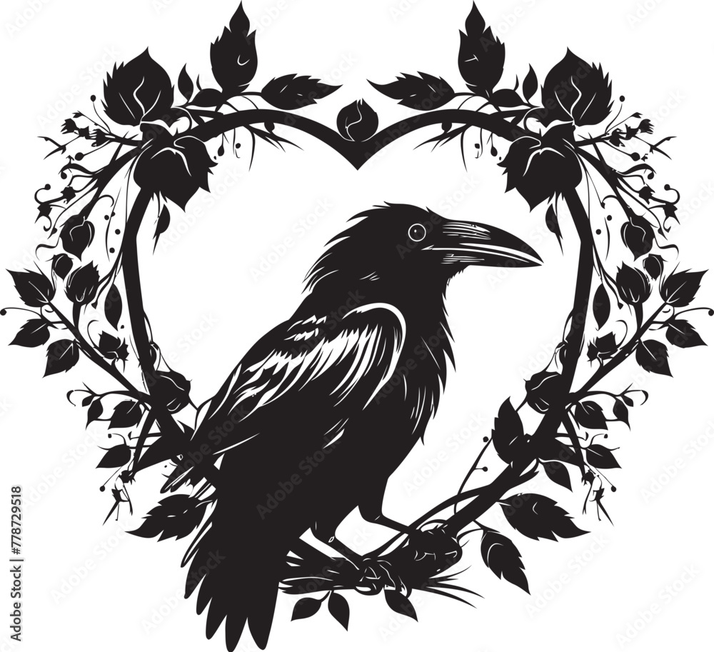 Fototapeta premium Sentinel of Love Raven Perched on Heart Vector Devotions Wings Raven Symbol with Heart Icon